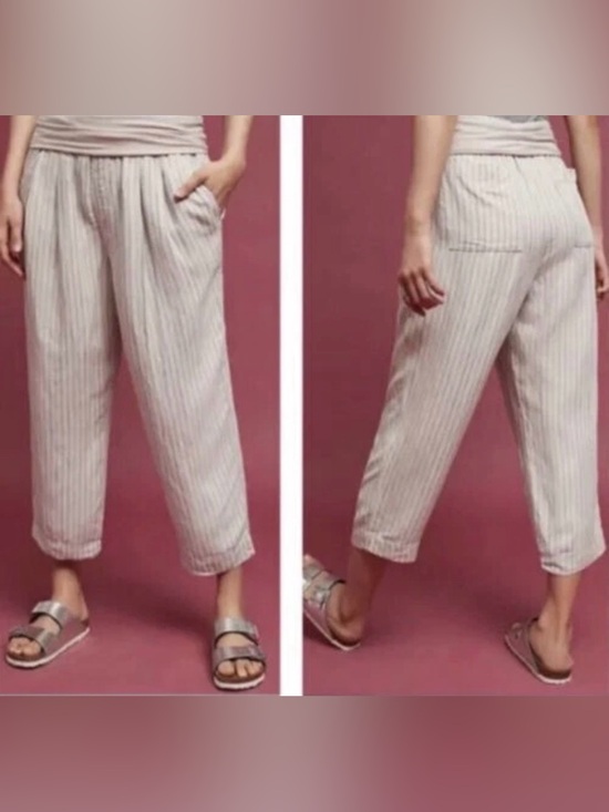 Heihei Pants - Heihei cream and gray  Striped Crop Pants with wide band waist. Medium